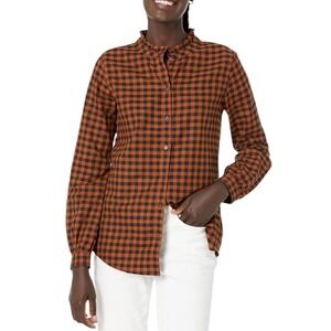 Amazon Essentials Plaid Ruffle Neck Long Sleeve Shirt Top Blouse M